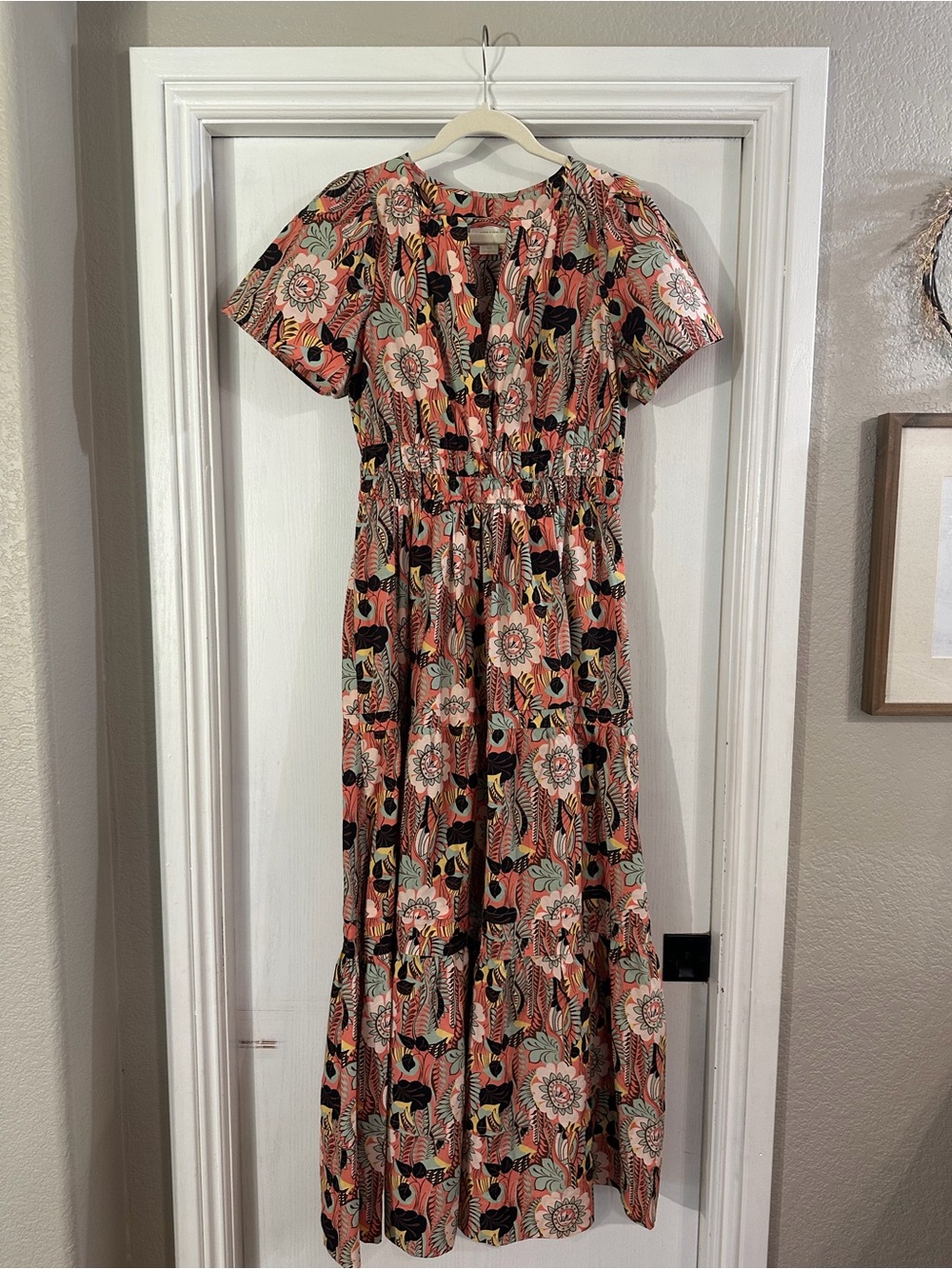 Maeve Anthropologie Coral Floral Button-Front Tiered Maxi Dress